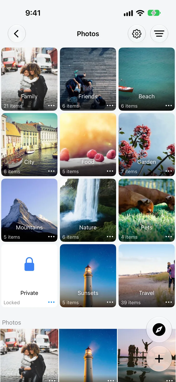 MaxVault photo folders, an album, a locked folder asking for its password, and a photo opened full screen.