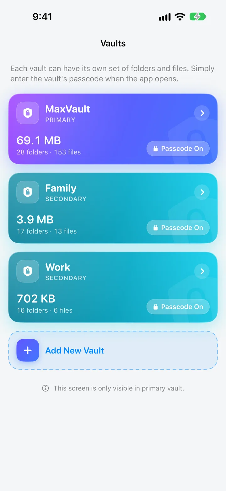 The Vaults screen in MaxVault: a primary vault and Family and Work vaults, each with its own passcode.